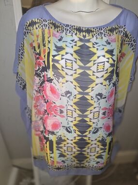 Versona Lavender Tunic with Yellow, Pink and Black Geometric Floral Front
